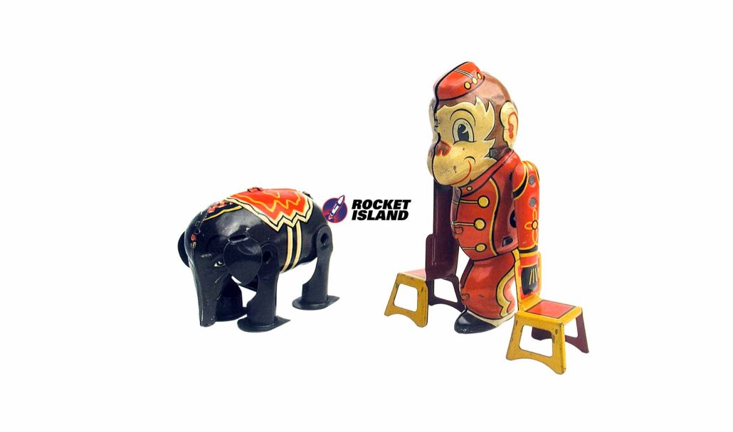 Yonezawa Elephant (1950s) and Marx Tumbling Monkey (1930s)